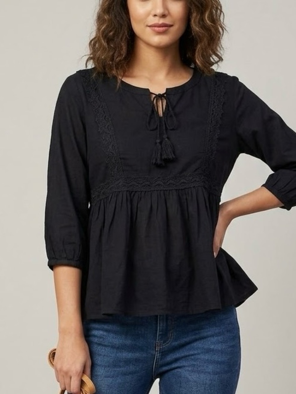 Indya Babydoll Peplum Top Womens M Black Lace Trim Tassel Tie Long Sleeve Retro